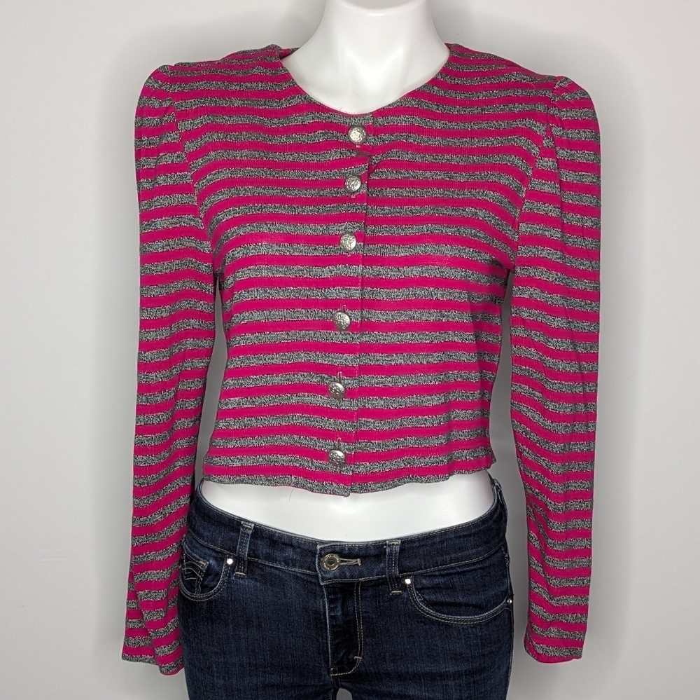 Vintage Brittany Nicole Pink Grey Button Up Crop Long Sleeve Cardigan Sweater 10